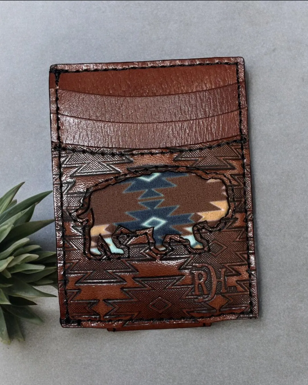 Red Dirt Hat Co. Turquoise & Brown Aztec Buffalo Inlay Leather Money Clip Card Case 22228875M6