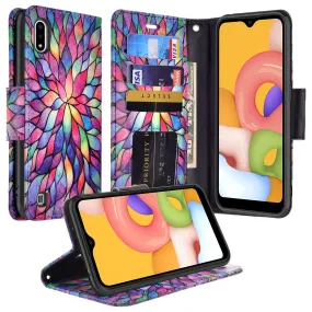 Samsung Galaxy A01 Case, Galaxy A01 Wallet Case, Wrist Strap Pu Leather Wallet Case [Kickstand] with ID & Credit Card Slots - Rainbow Flower