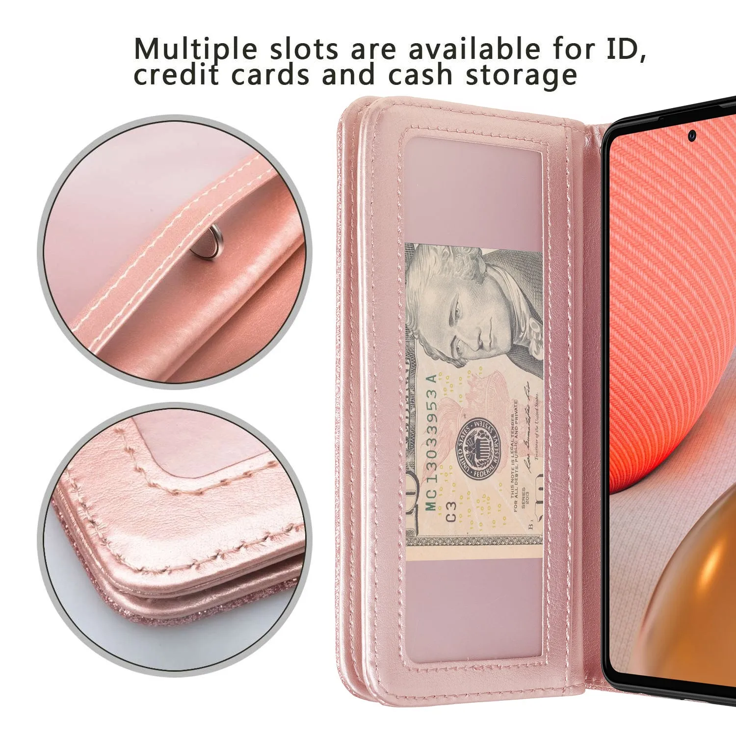 Samsung Galaxy A02s Case, Galaxy A02s Case, Glitter Faux Leather Flip Credit Card Holder Wrist Strap Shockproof Protective Wallet Case Clutch for Galaxy A02s - Rose Gold