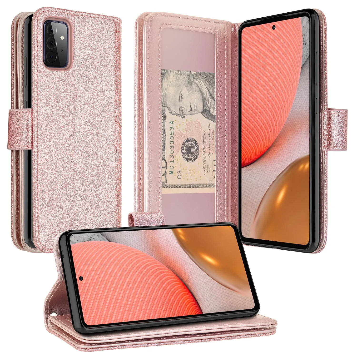 Samsung Galaxy A02s Case, Galaxy A02s Case, Glitter Faux Leather Flip Credit Card Holder Wrist Strap Shockproof Protective Wallet Case Clutch for Galaxy A02s - Rose Gold