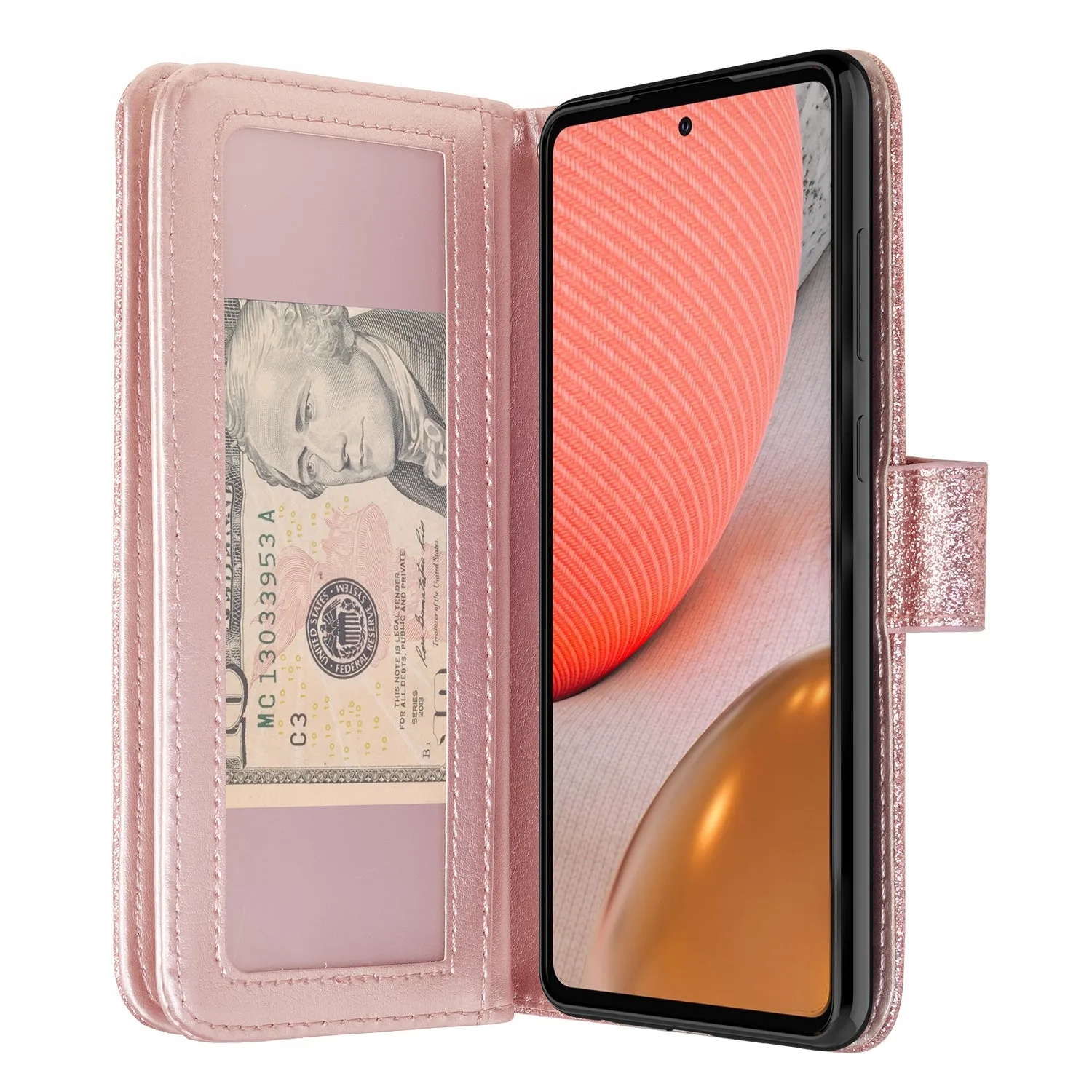 Samsung Galaxy A02s Case, Galaxy A02s Case, Glitter Faux Leather Flip Credit Card Holder Wrist Strap Shockproof Protective Wallet Case Clutch for Galaxy A02s - Rose Gold