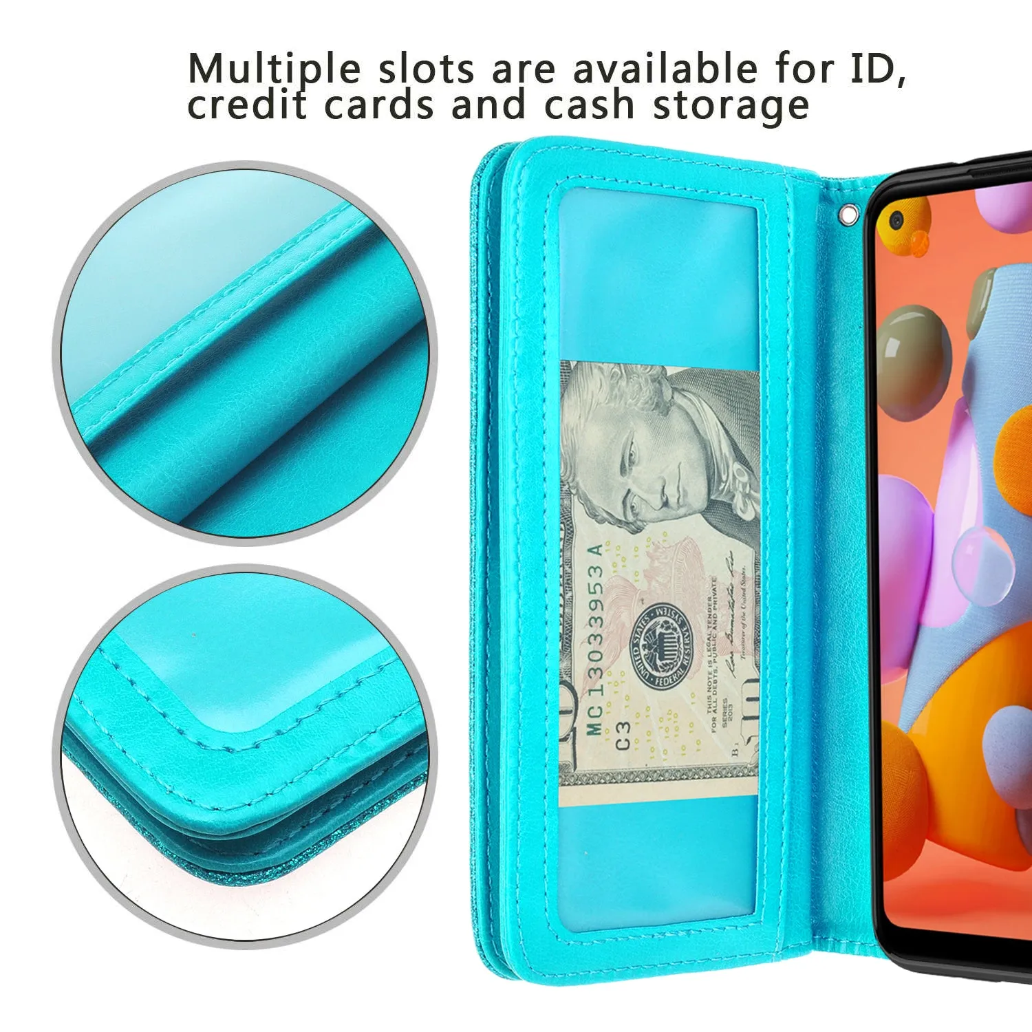 Samsung Galaxy A11 Case, Galaxy A11 Case, Glitter Faux Leather Flip Credit Card Holder Wrist Strap Shockproof Protective Wallet Case Clutch for Galaxy A11 - Teal