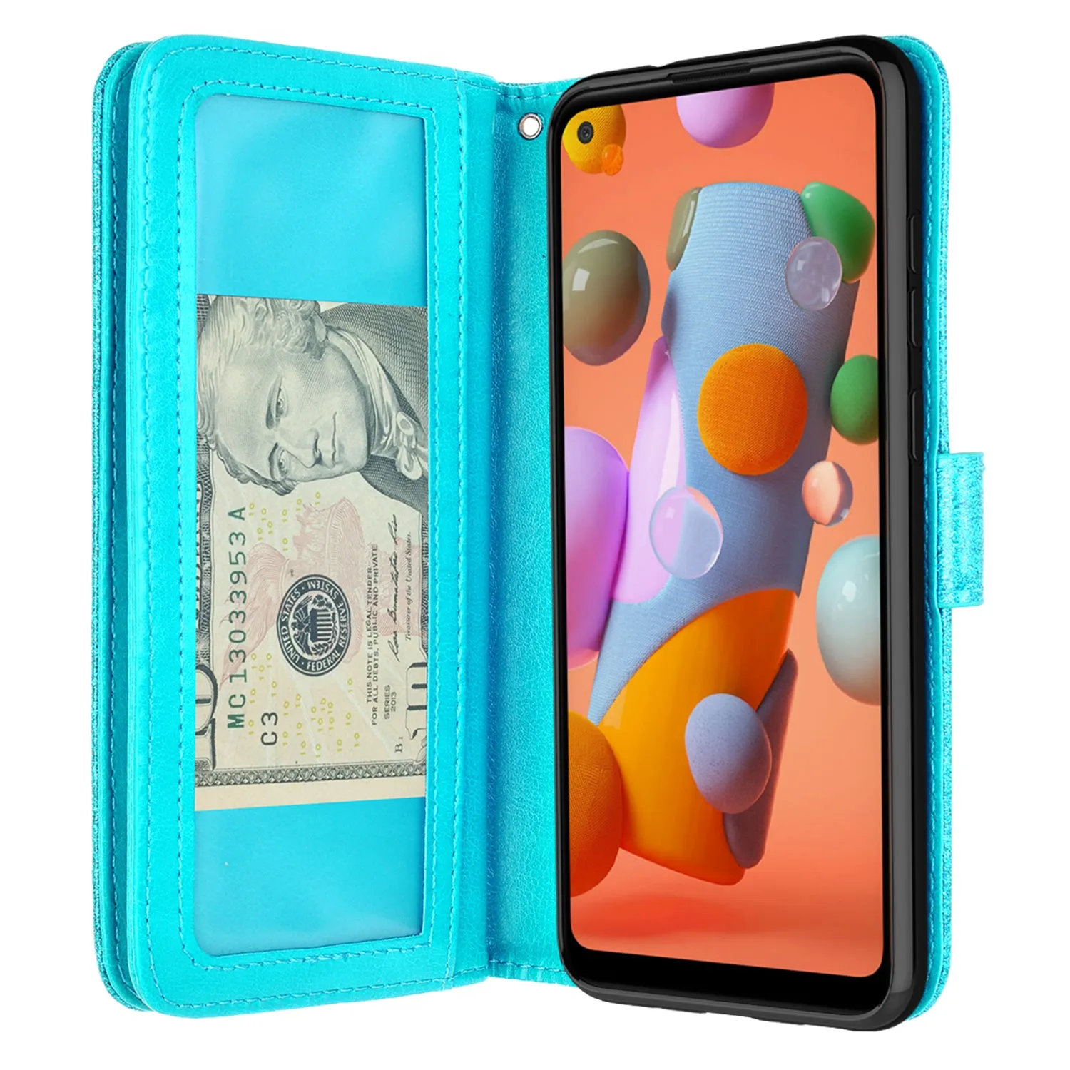 Samsung Galaxy A11 Case, Galaxy A11 Case, Glitter Faux Leather Flip Credit Card Holder Wrist Strap Shockproof Protective Wallet Case Clutch for Galaxy A11 - Teal