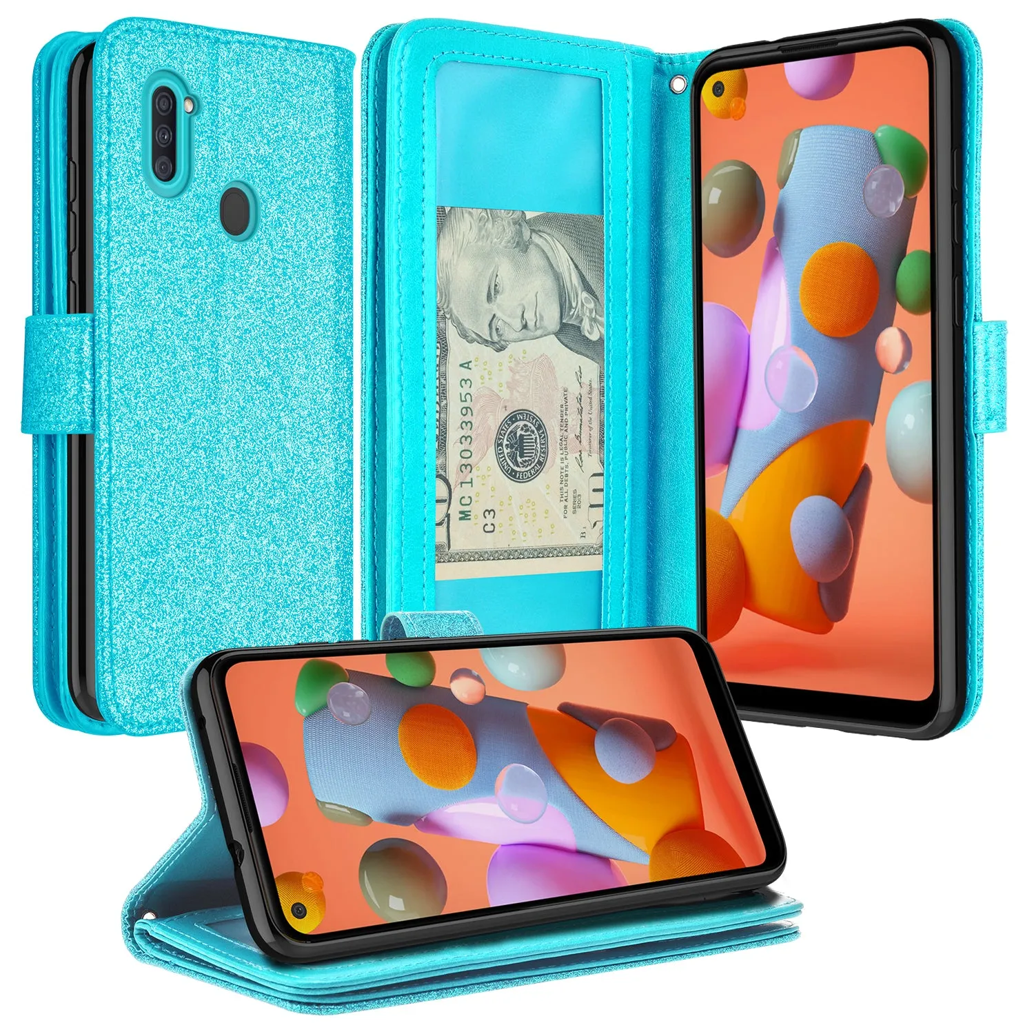 Samsung Galaxy A11 Case, Galaxy A11 Case, Glitter Faux Leather Flip Credit Card Holder Wrist Strap Shockproof Protective Wallet Case Clutch for Galaxy A11 - Teal