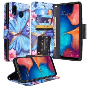 Samsung Galaxy A20 Case, Galaxy A20 Wallet Case, Wrist Strap Pu Leather Wallet Case [Kickstand] with ID & Credit Card Slots - Blue Butterfly