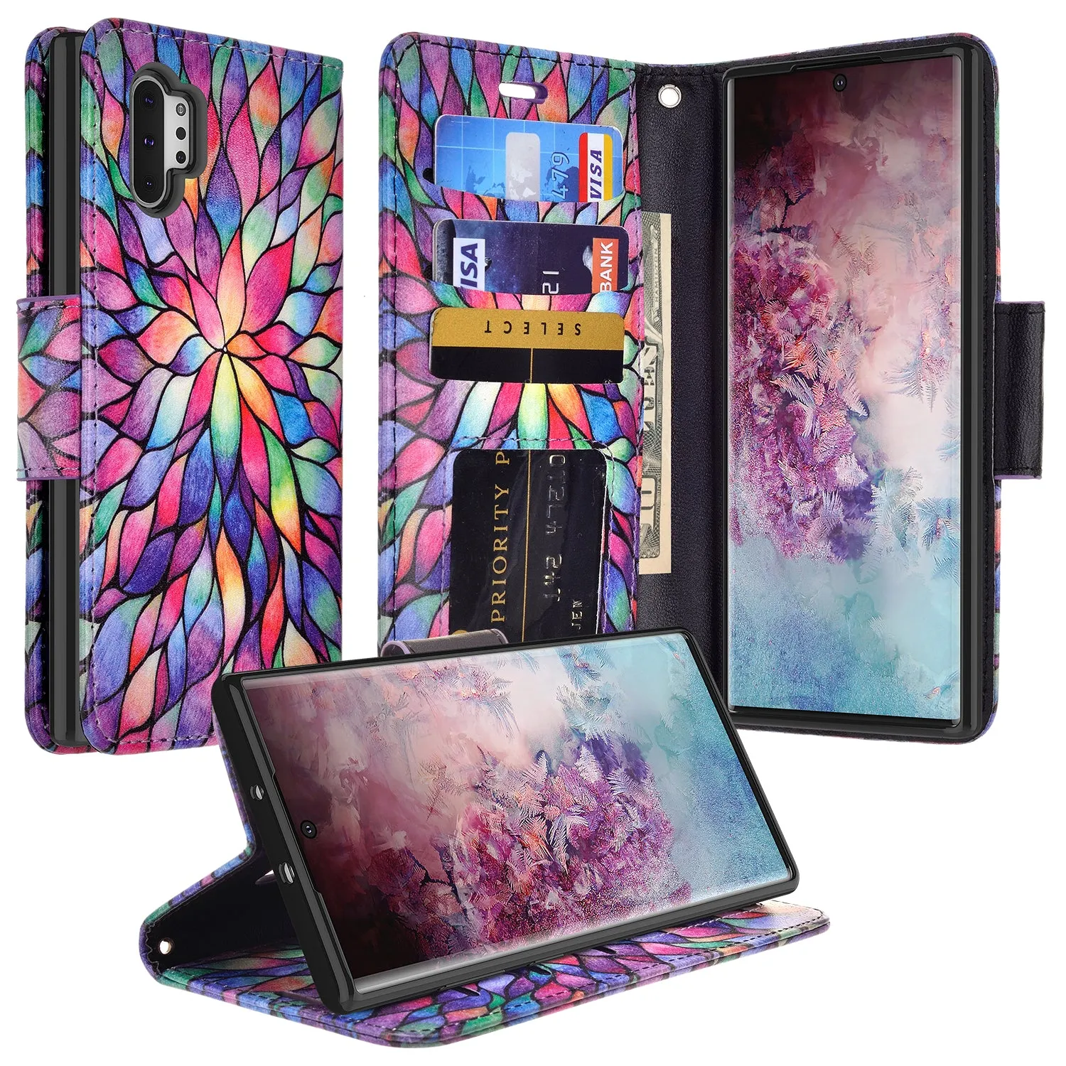 Samsung Galaxy A32 5G Case, Galaxy A32 5G Wallet Case, Wrist Strap Pu Leather Wallet Case [Kickstand] with ID & Credit Card Slots - Rainbow Flower