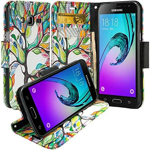 Samsung Galaxy J3 Case, J3V Case | Galaxy Express Prime Case | Galaxy Sky Case | Amp Prime Case | Galaxy Sol Wrist Strap Pu Leather Magnetic Fold Wallet Case with ID & Card Slots - Vibrant Tree