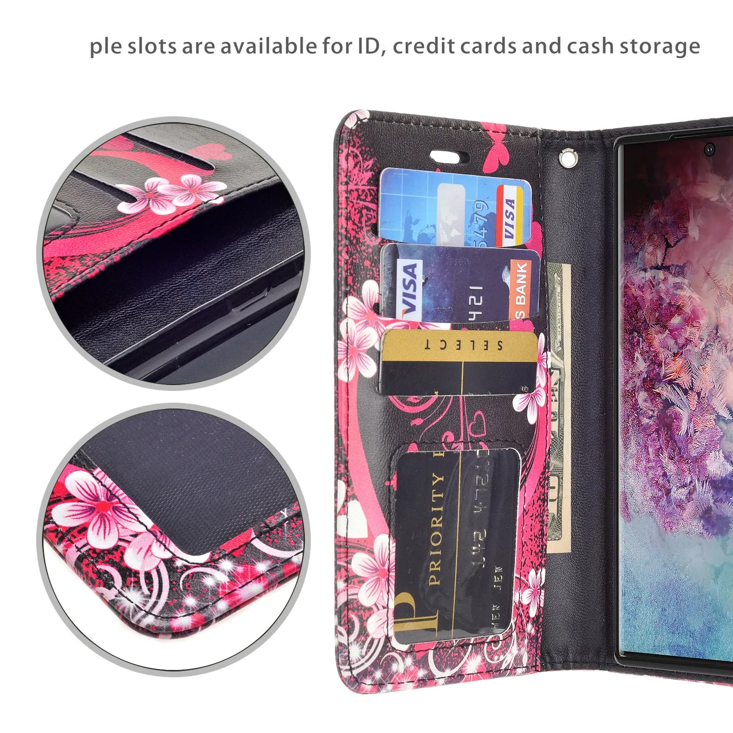 Samsung Galaxy Note 10 Case, Galaxy Note 10 Wallet Case, Wrist Strap Pu Leather Wallet Case [Kickstand] with ID & Credit Card Slots - Heart Butterflies