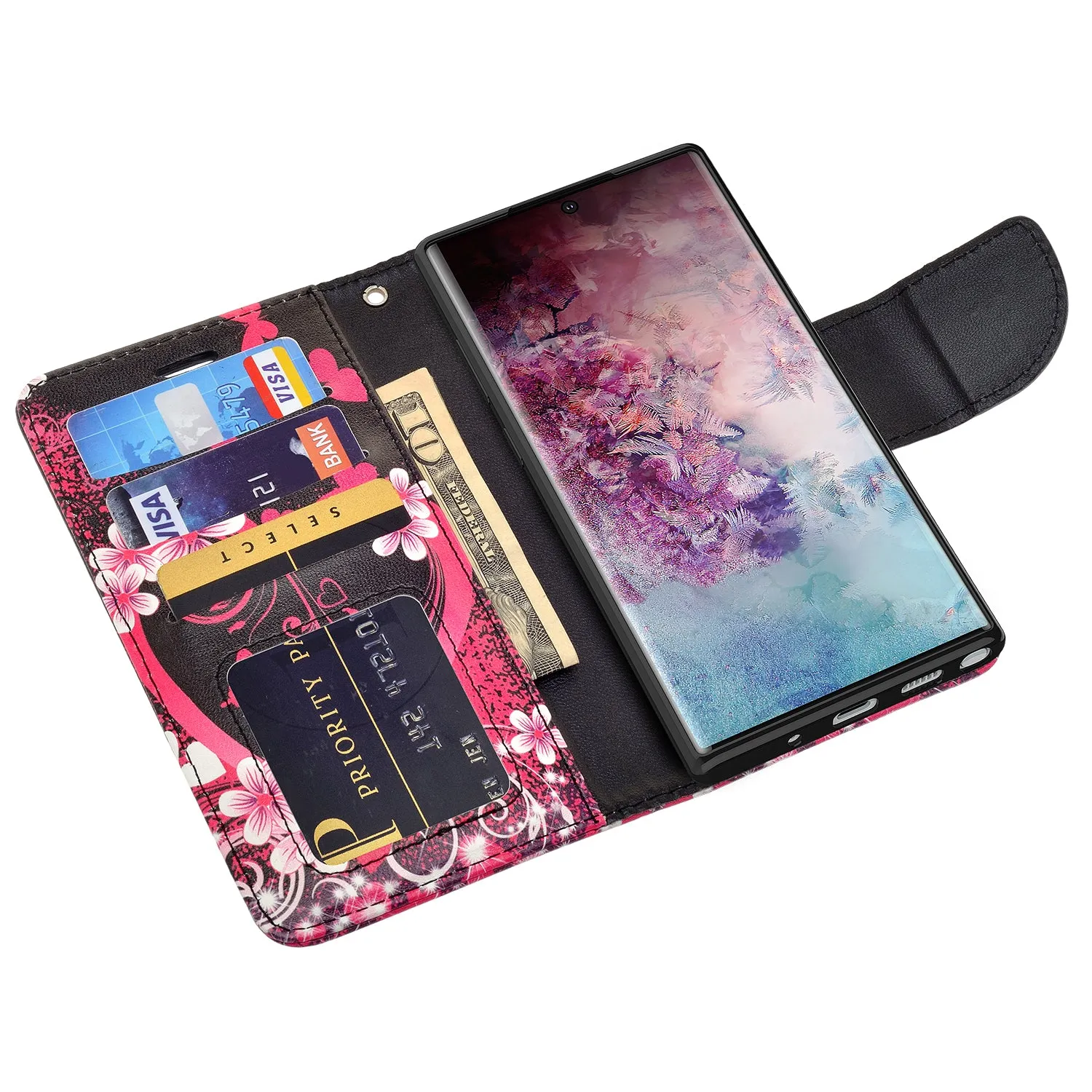 Samsung Galaxy Note 10 Case, Galaxy Note 10 Wallet Case, Wrist Strap Pu Leather Wallet Case [Kickstand] with ID & Credit Card Slots - Heart Butterflies