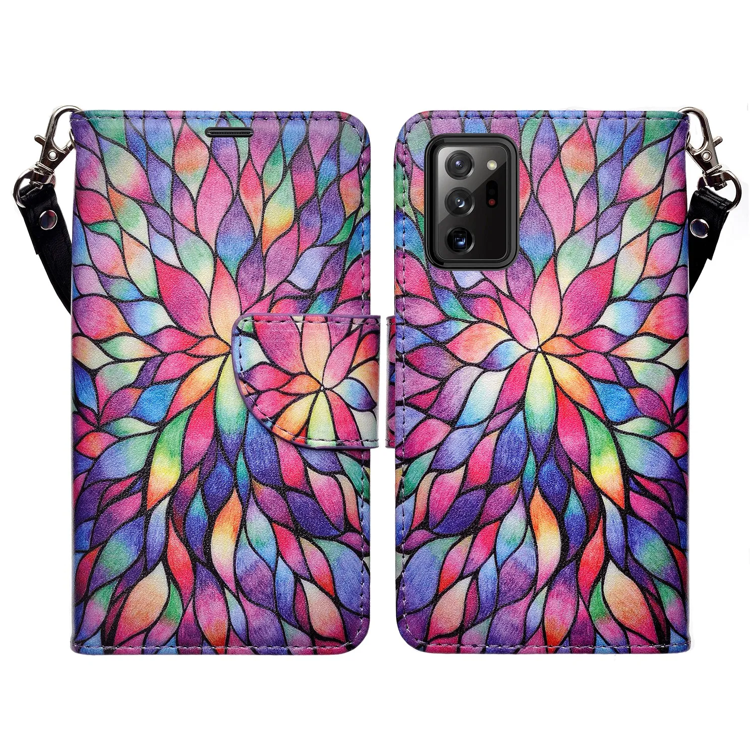 Samsung Galaxy Note 20 Case, Galaxy Note 20 Wallet Case, Wrist Strap Pu Leather Wallet Case [Kickstand] with ID & Credit Card Slots - Rainbow Flower