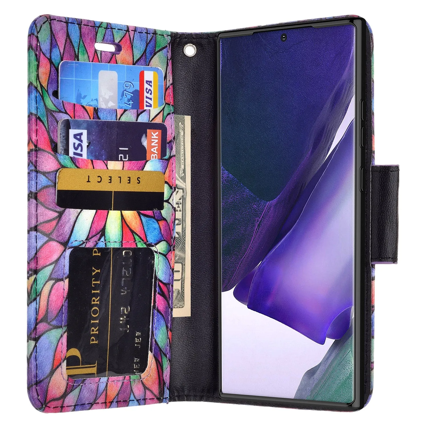 Samsung Galaxy Note 20 Case, Galaxy Note 20 Wallet Case, Wrist Strap Pu Leather Wallet Case [Kickstand] with ID & Credit Card Slots - Rainbow Flower