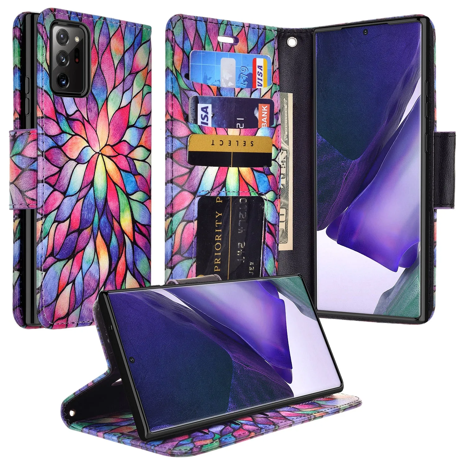 Samsung Galaxy Note 20 Case, Galaxy Note 20 Wallet Case, Wrist Strap Pu Leather Wallet Case [Kickstand] with ID & Credit Card Slots - Rainbow Flower