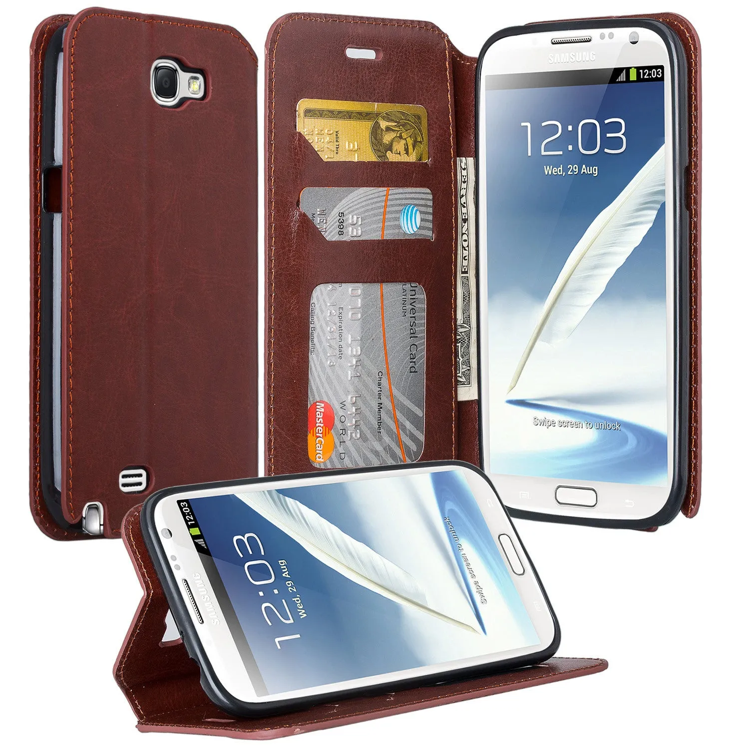 Samsung Galaxy Note2 Case, Magnetic Fold[Kickstand] Pu Leather Wallet Case with ID & Credit Card Slots for Samsung Galaxy Note II - Brown