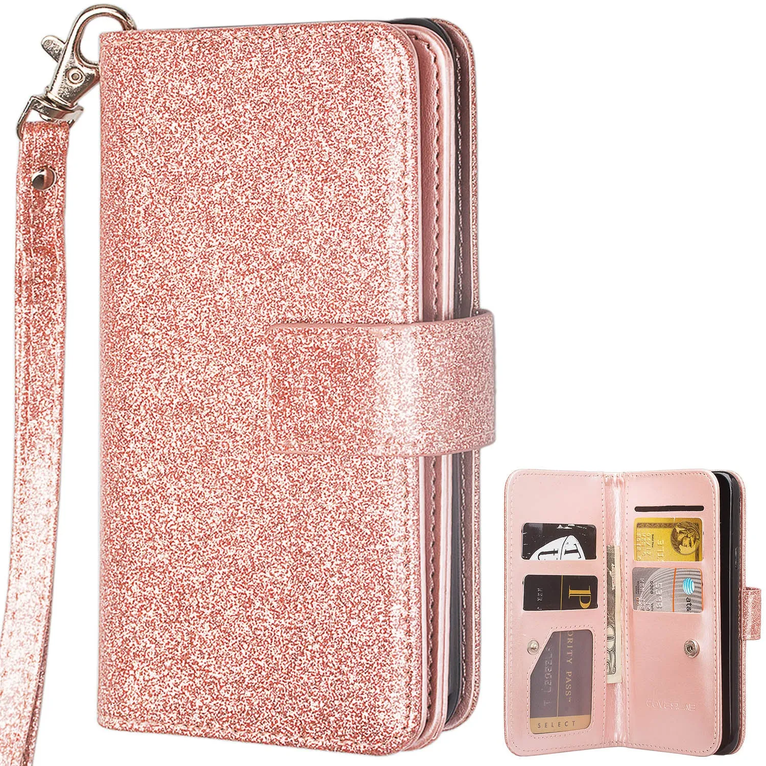 Samsung Galaxy S10e Case, Glitter Faux Leather Flip Credit Card Holder Wrist Strap Shockproof Protective Wallet Cover Clutch for Samsung Galaxy S10e - Rose Gold