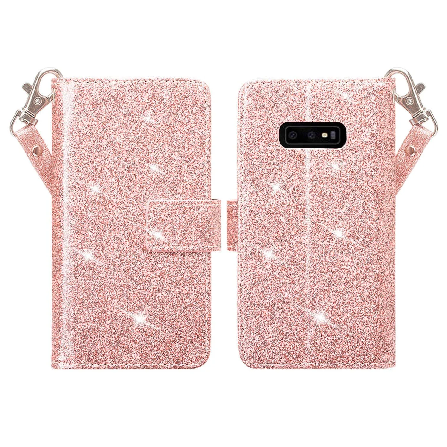 Samsung Galaxy S10e Case, Glitter Faux Leather Flip Credit Card Holder Wrist Strap Shockproof Protective Wallet Cover Clutch for Samsung Galaxy S10e - Rose Gold