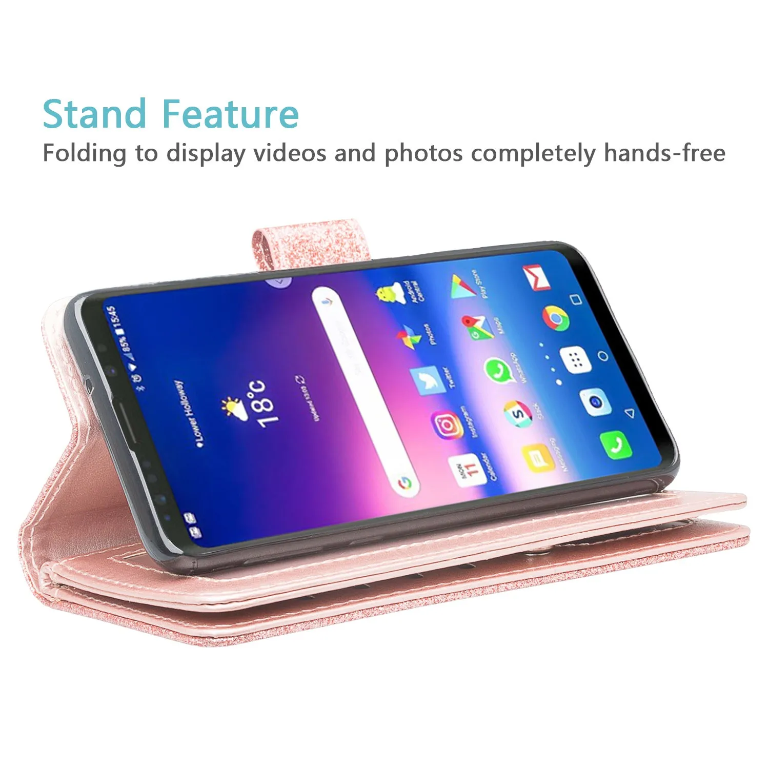 Samsung Galaxy S10e Case, Glitter Faux Leather Flip Credit Card Holder Wrist Strap Shockproof Protective Wallet Cover Clutch for Samsung Galaxy S10e - Rose Gold