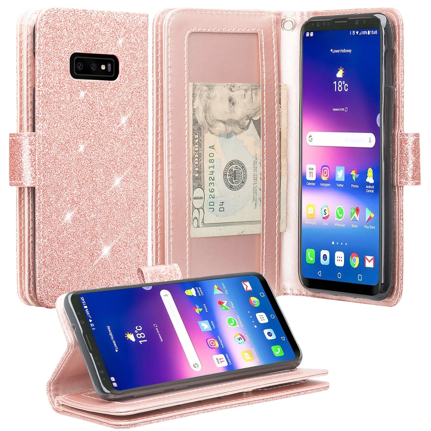 Samsung Galaxy S10e Case, Glitter Faux Leather Flip Credit Card Holder Wrist Strap Shockproof Protective Wallet Cover Clutch for Samsung Galaxy S10e - Rose Gold