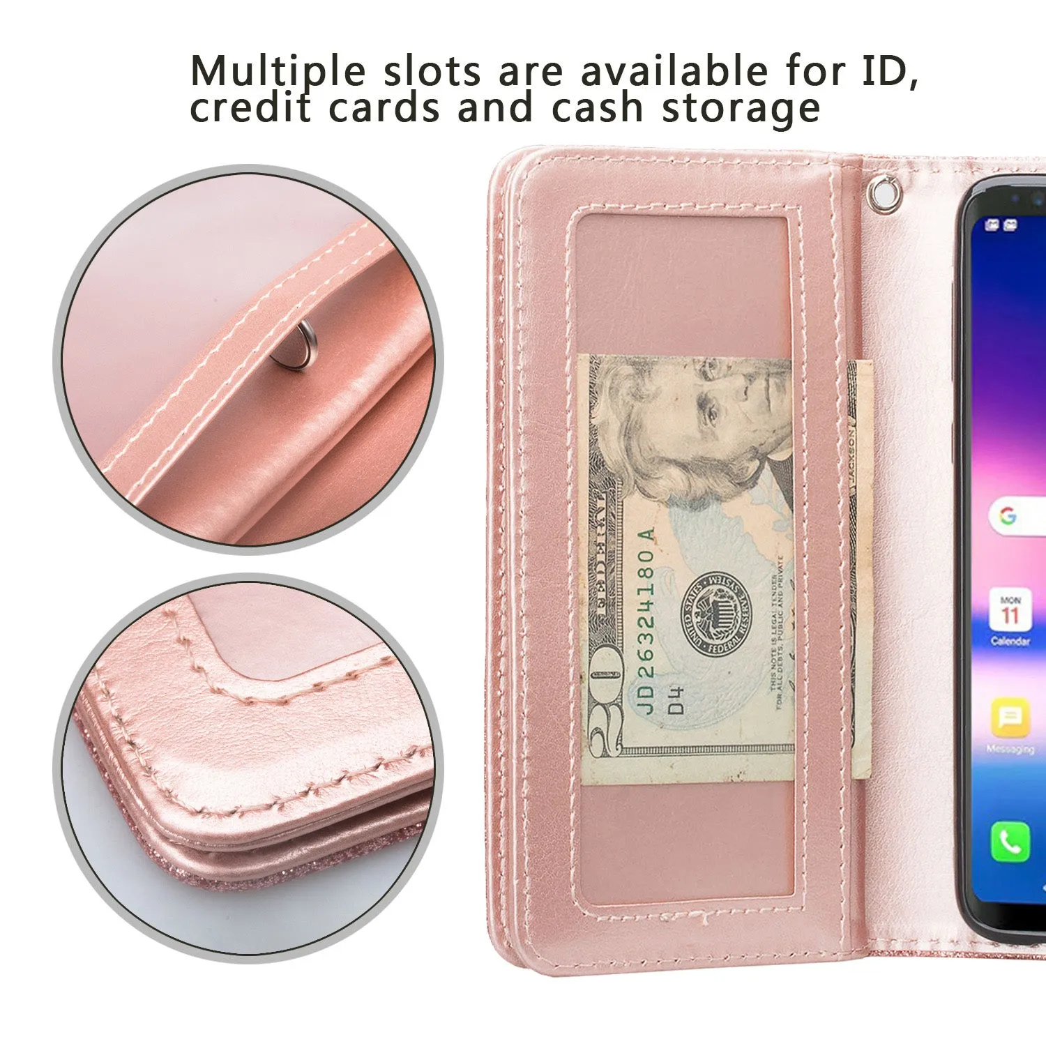 Samsung Galaxy S10e Case, Glitter Faux Leather Flip Credit Card Holder Wrist Strap Shockproof Protective Wallet Cover Clutch for Samsung Galaxy S10e - Rose Gold