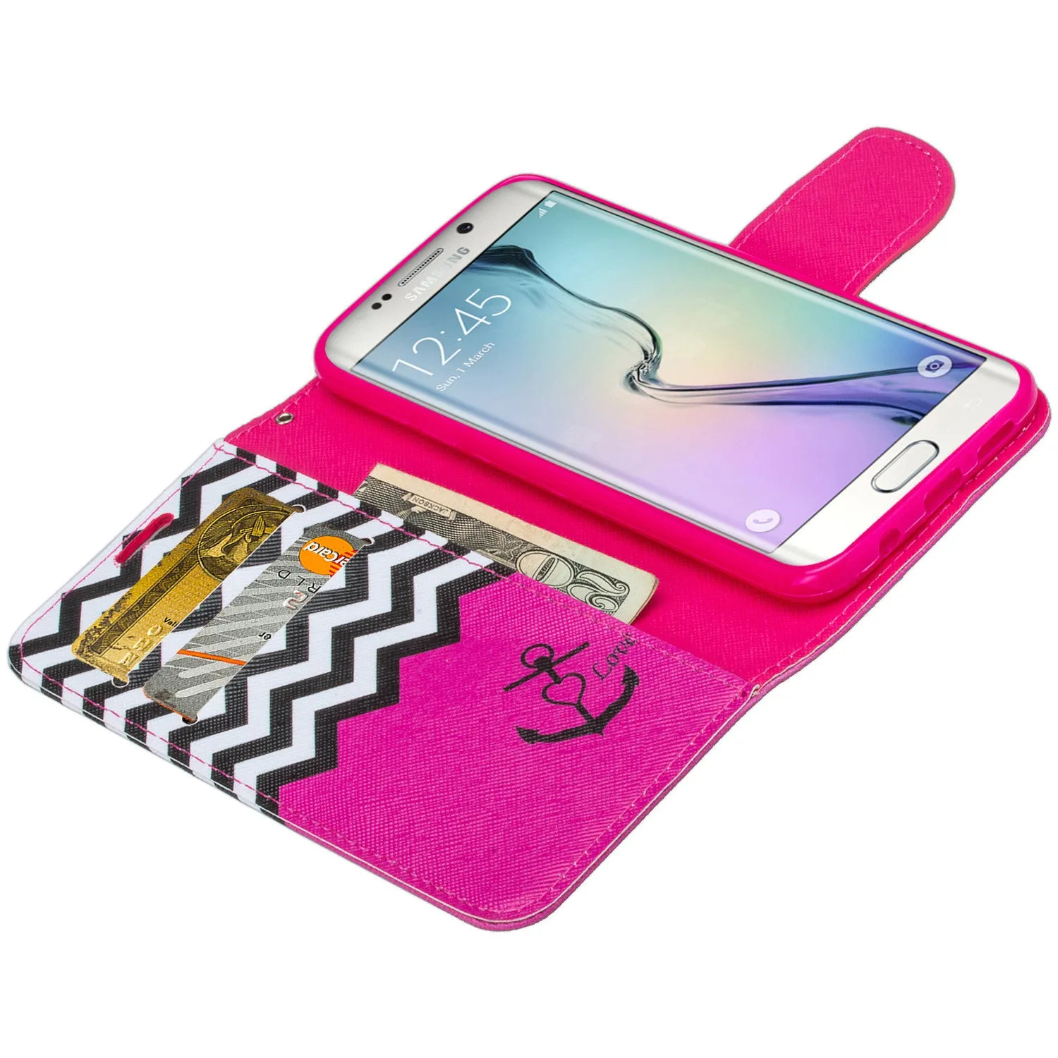 Samsung Galaxy S6 Edge Plus Case, Wrist Strap Magnetic Flip Fold[Kickstand] Pu Leather Wallet Case with ID & Card Slots - Hot Pink Anchor