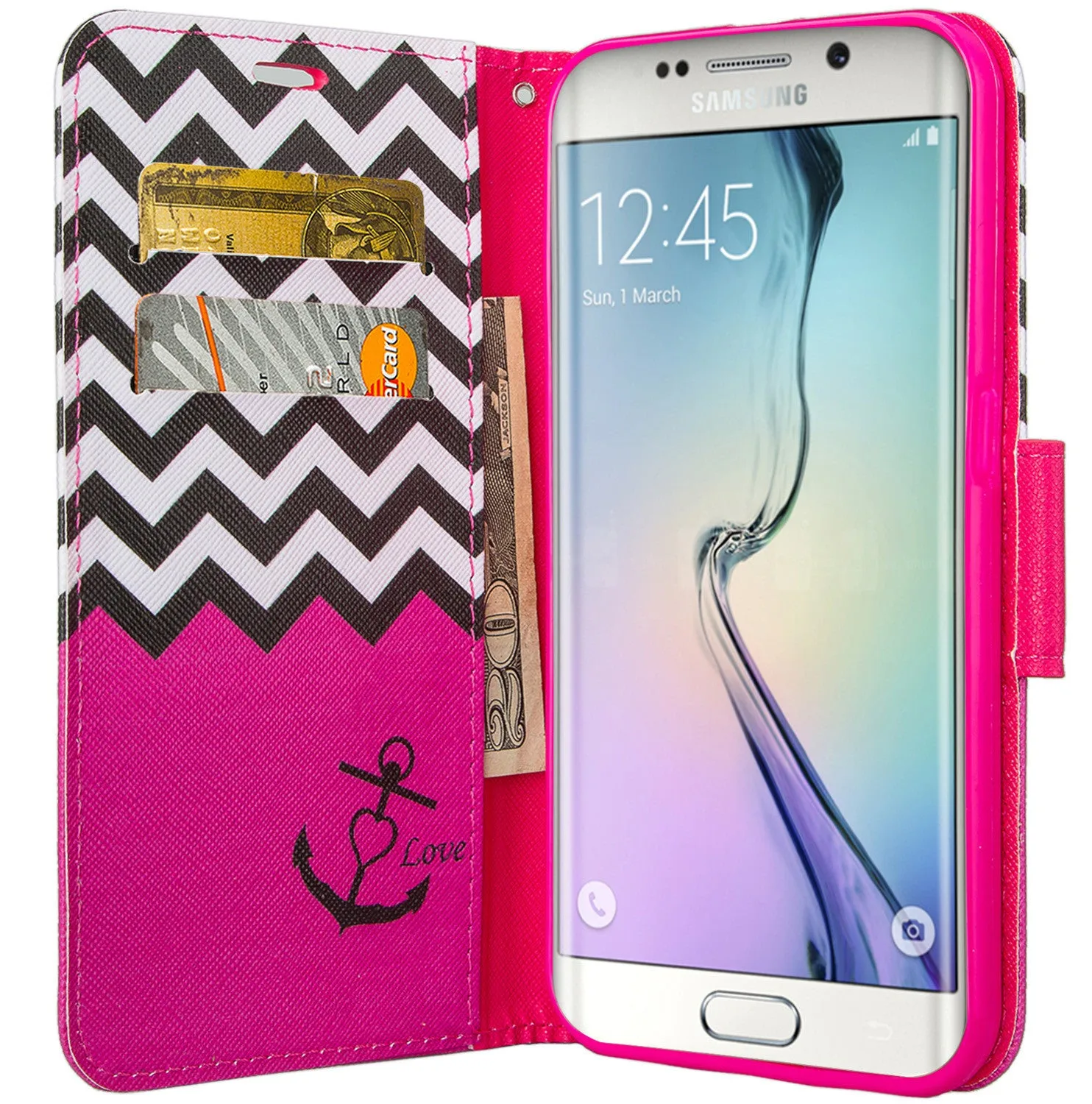 Samsung Galaxy S6 Edge Plus Case, Wrist Strap Magnetic Flip Fold[Kickstand] Pu Leather Wallet Case with ID & Card Slots - Hot Pink Anchor