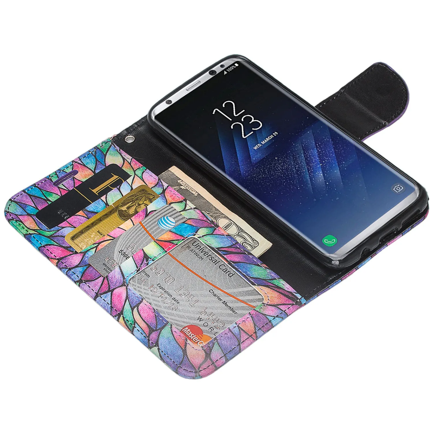 Samsung Galaxy S8 Case, SM-G950 Wallet Case, Wrist Strap Pu Leather Wallet Case [Kickstand] with ID & Credit Card Slots - Rainbow Flower