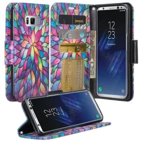 Samsung Galaxy S8 Case, SM-G950 Wallet Case, Wrist Strap Pu Leather Wallet Case [Kickstand] with ID & Credit Card Slots - Rainbow Flower