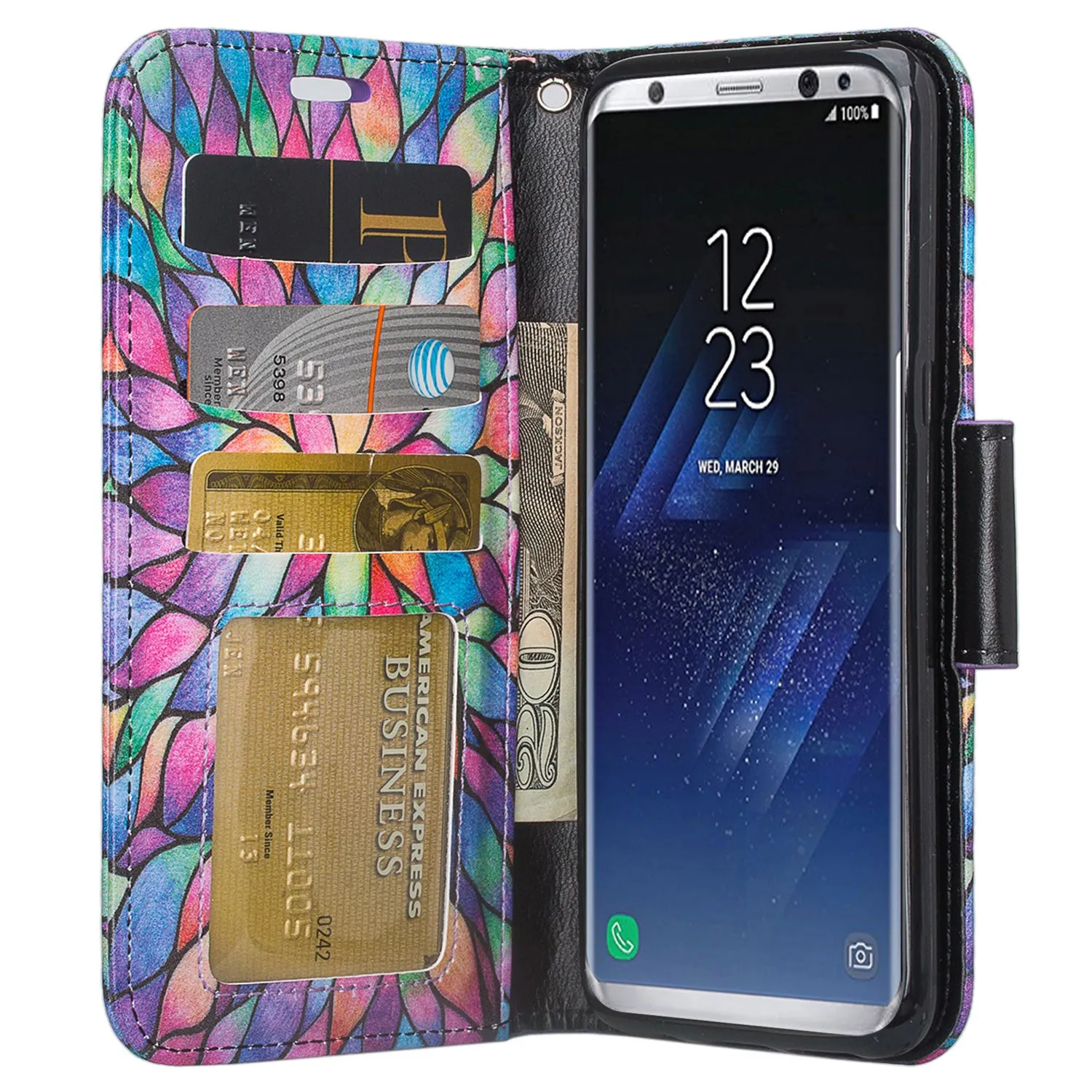 Samsung Galaxy S8 Case, SM-G950 Wallet Case, Wrist Strap Pu Leather Wallet Case [Kickstand] with ID & Credit Card Slots - Rainbow Flower