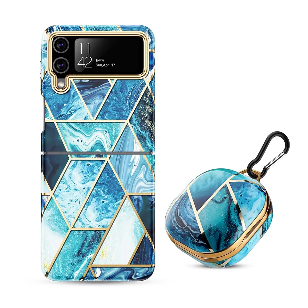 Samsung Galaxy Z Flip 3 Case   Galaxy Buds Case Marble Phone Cover |  Blue