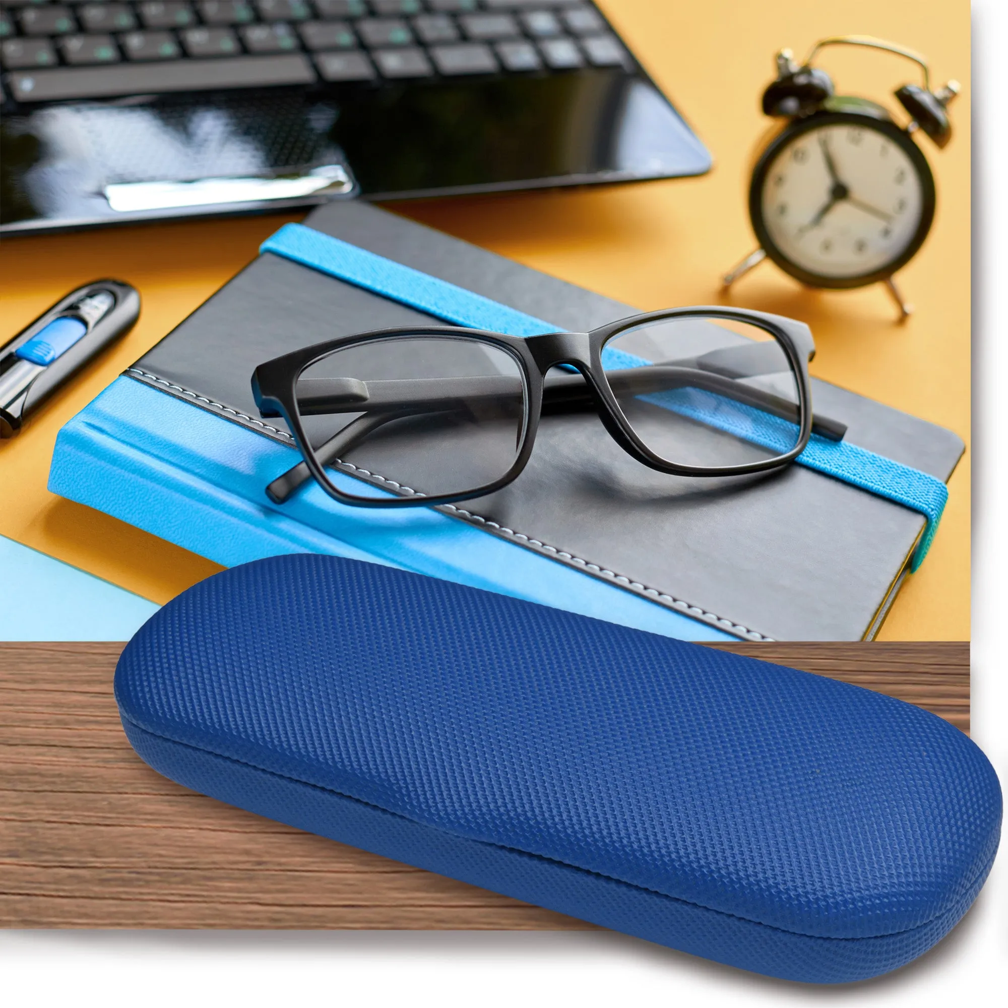 Small Hard Eyeglass Case, Reading Glasses Case w/ Drawstring Pouch & Cleaning Cloth ( S5 Rough Blue)