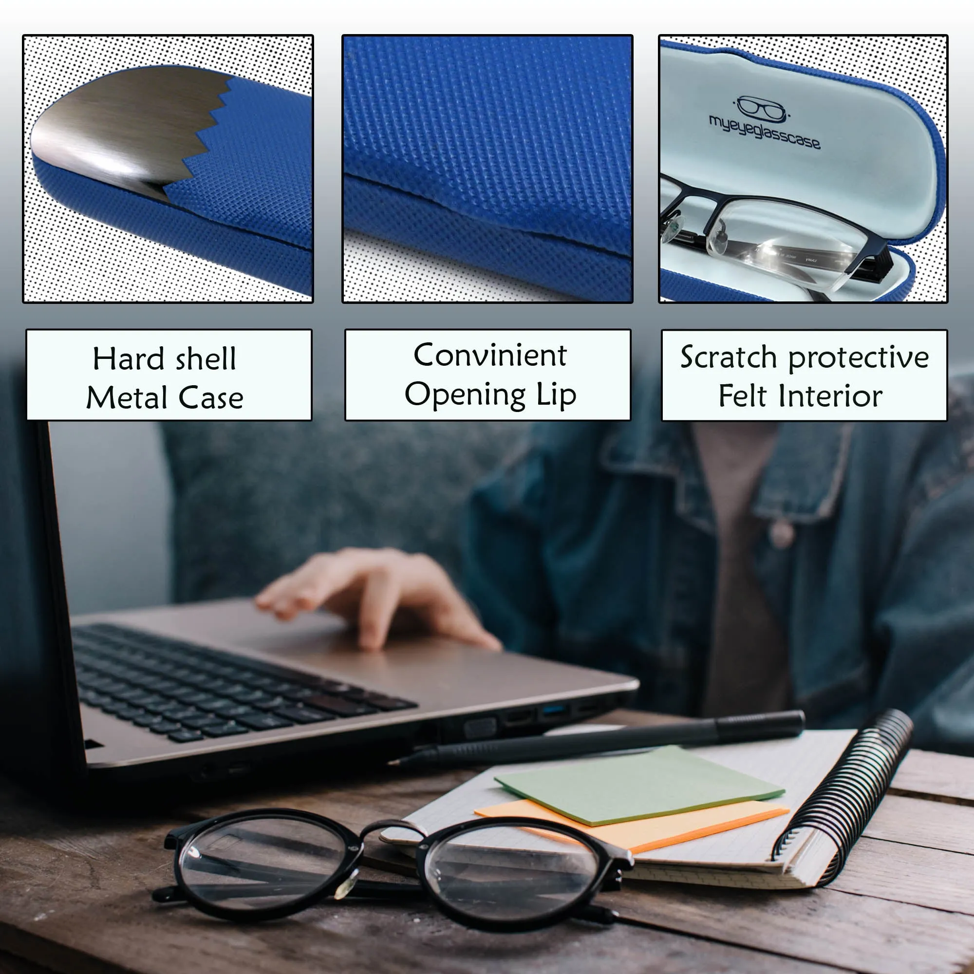 Small Hard Eyeglass Case, Reading Glasses Case w/ Drawstring Pouch & Cleaning Cloth ( S5 Rough Blue)