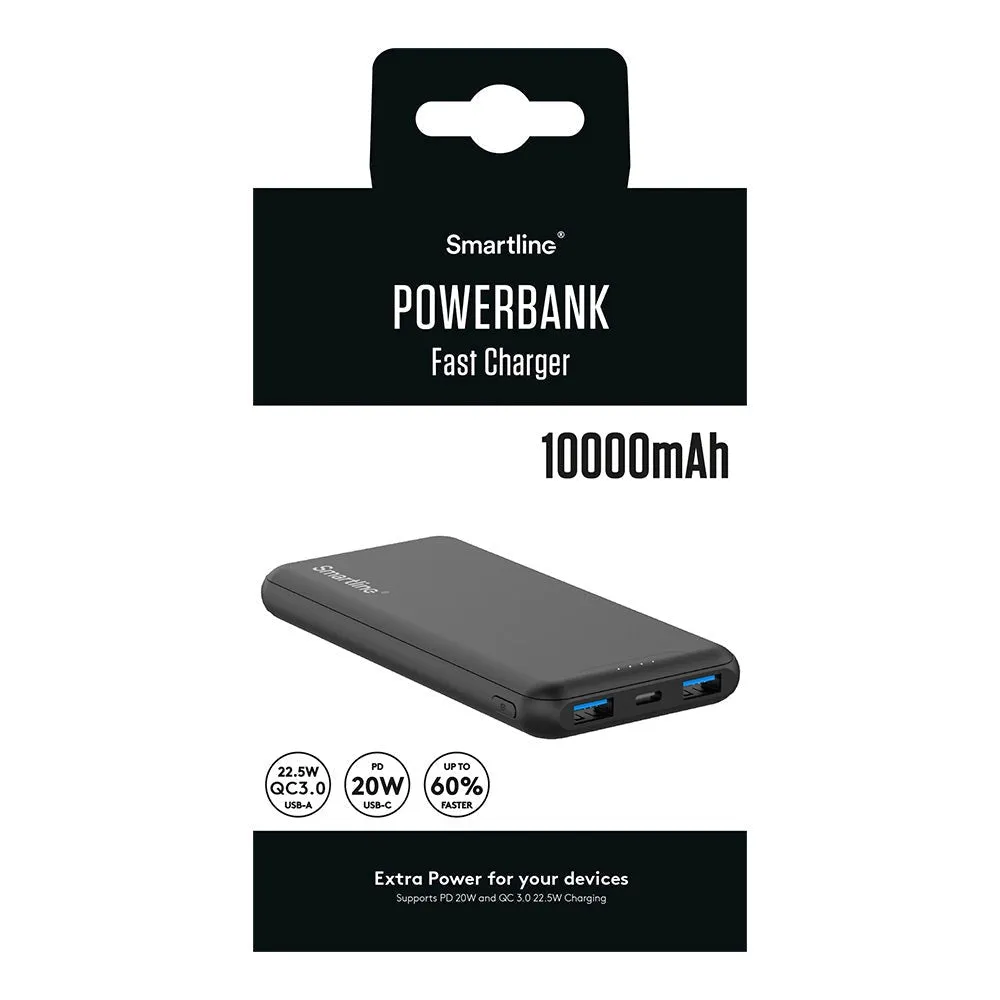 Smartline 22.5W Fast Charger Powerbank - 1 x USB-A (QC) & 2 x USB-C (PD) - 10000 mAh - Sort