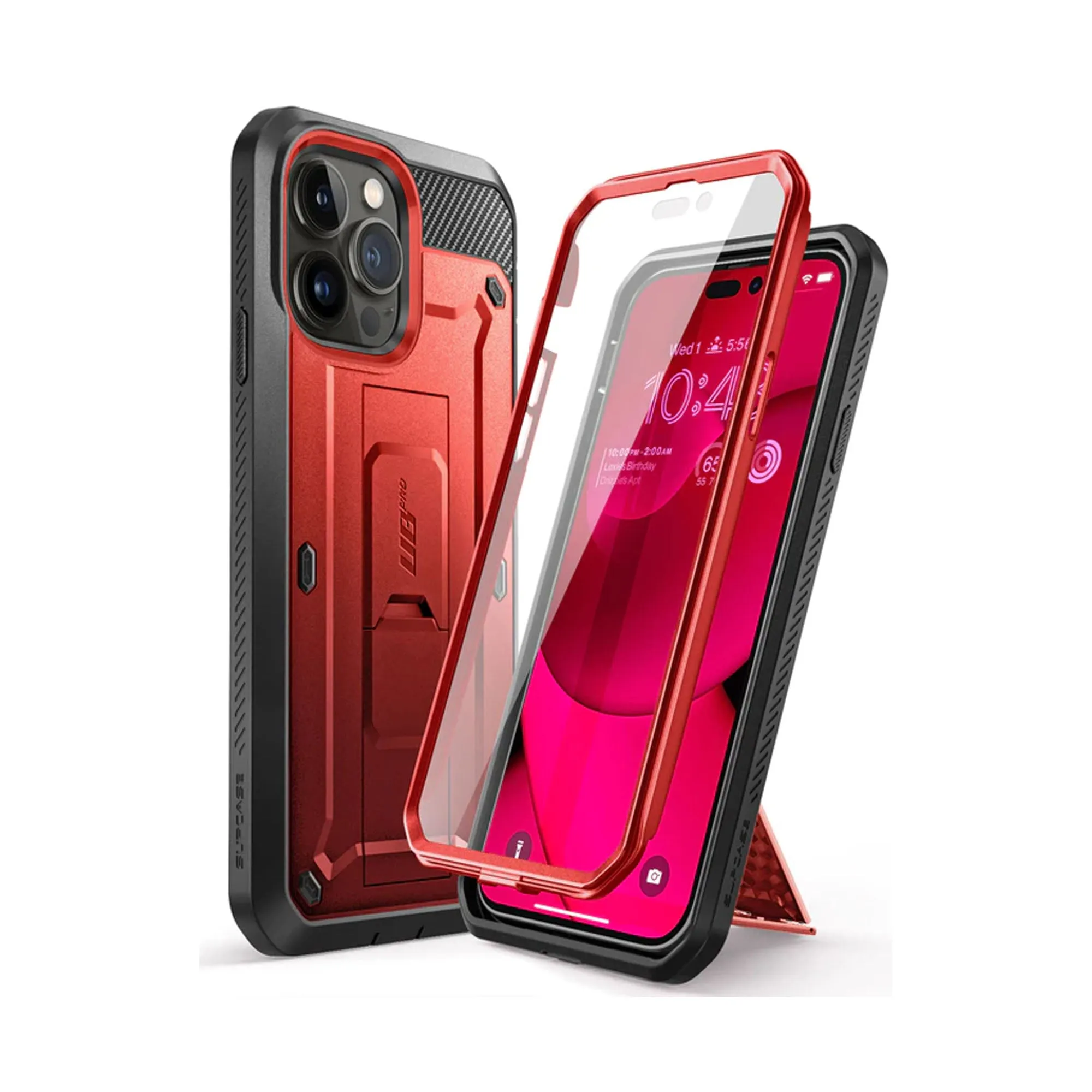 Supcase Unicorn Beetle UB PRO for iPhone 14 Pro - Rugged Case with Built-In Screen Protector - Metallic Red