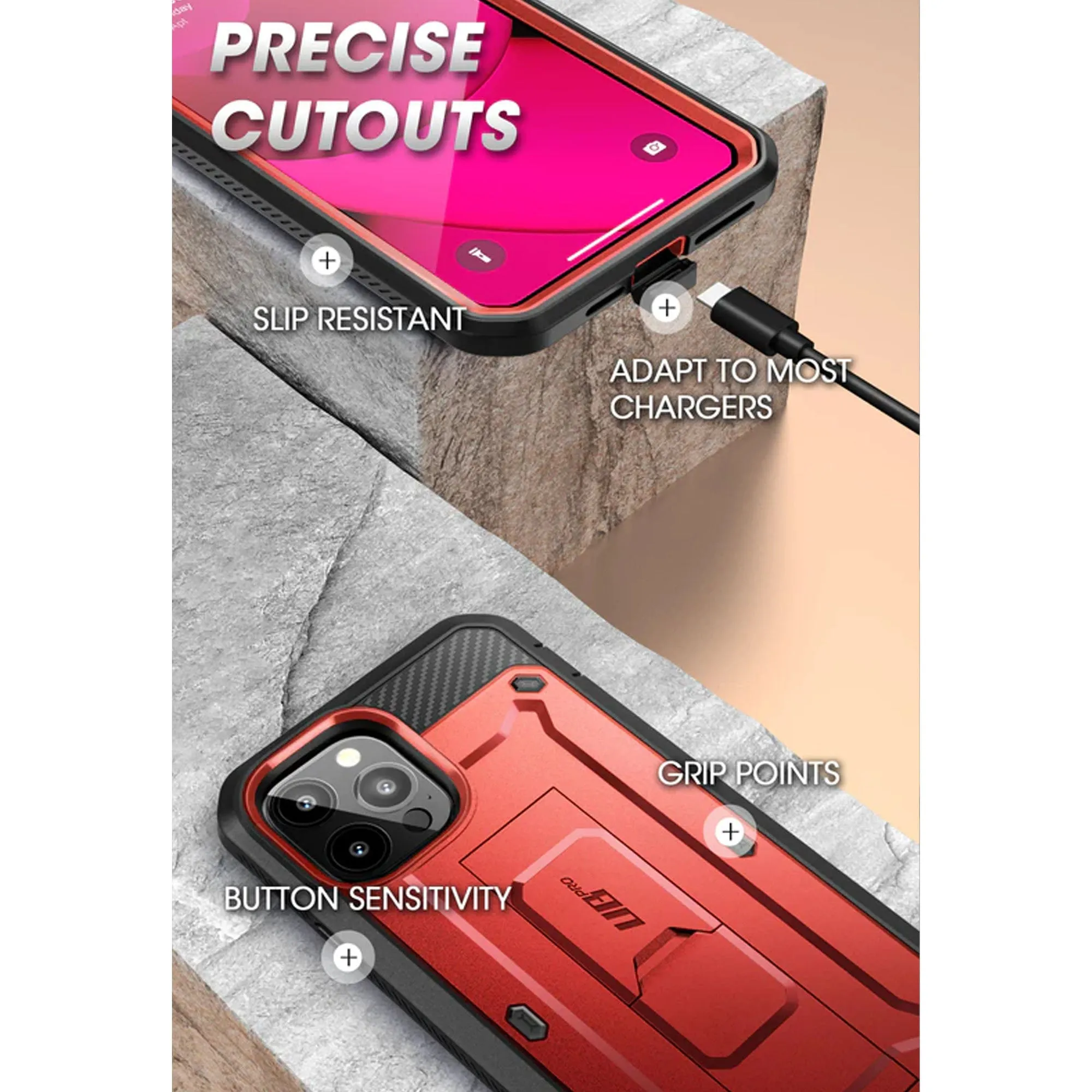 Supcase Unicorn Beetle UB PRO for iPhone 14 Pro - Rugged Case with Built-In Screen Protector - Metallic Red