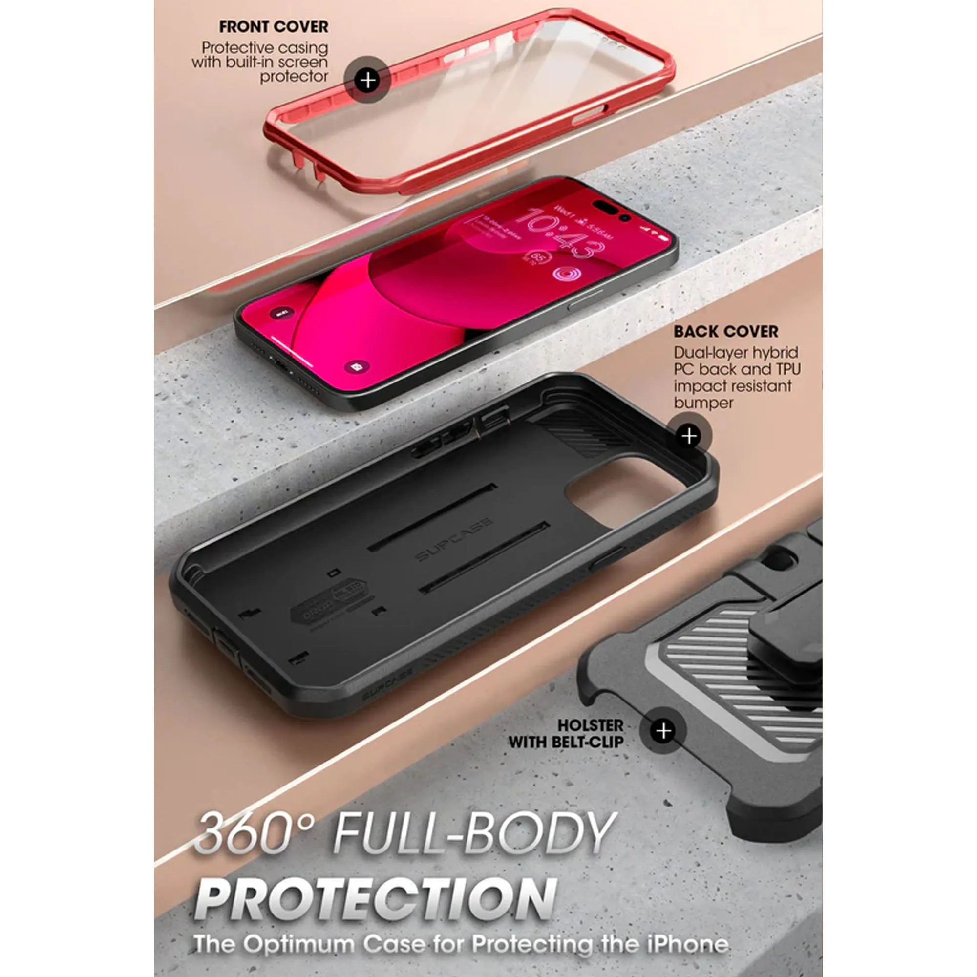 Supcase Unicorn Beetle UB PRO for iPhone 14 Pro - Rugged Case with Built-In Screen Protector - Metallic Red