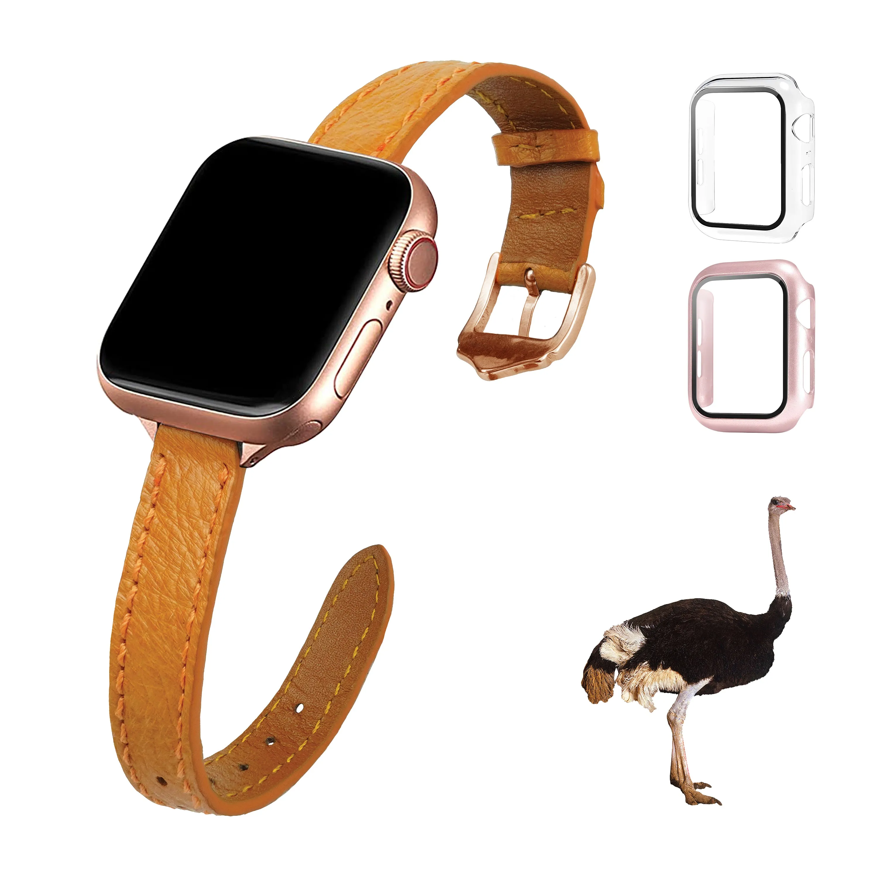 Tan Flat Ostrich Leather Band Compatible Apple Watch Iwatch 49mm Screen Protector Case Gold Adapter Replacement Strap For Smartwatch Series 7 8 Leather Handmade AW-182G-W-49MM