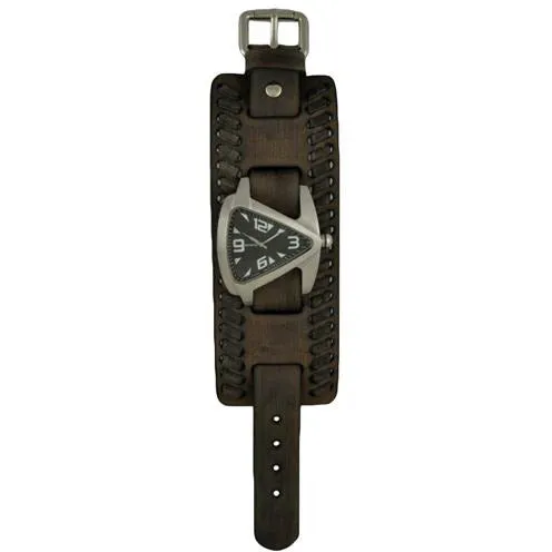 Teardrop Black Watch with Weaved Distressed Black Leather Wide Cuff