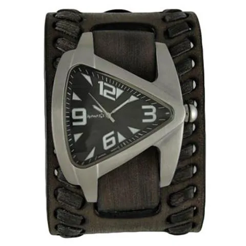 Teardrop Black Watch with Weaved Distressed Black Leather Wide Cuff