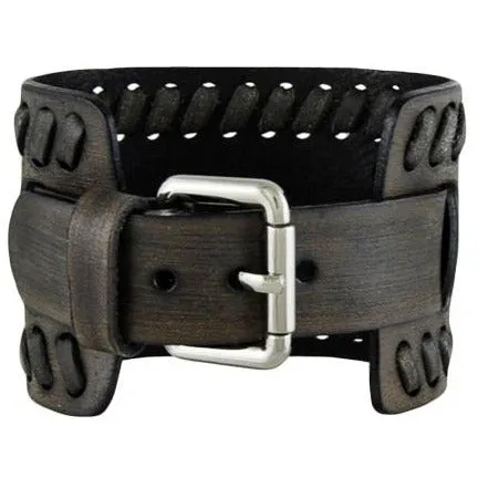 Teardrop Black Watch with Weaved Distressed Black Leather Wide Cuff