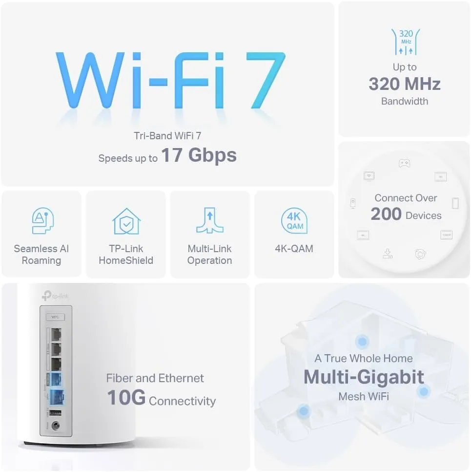 TP-Link Deco BE75 BE17000 Tri Band Whole Home Mesh WiFi 7 System (2件裝)