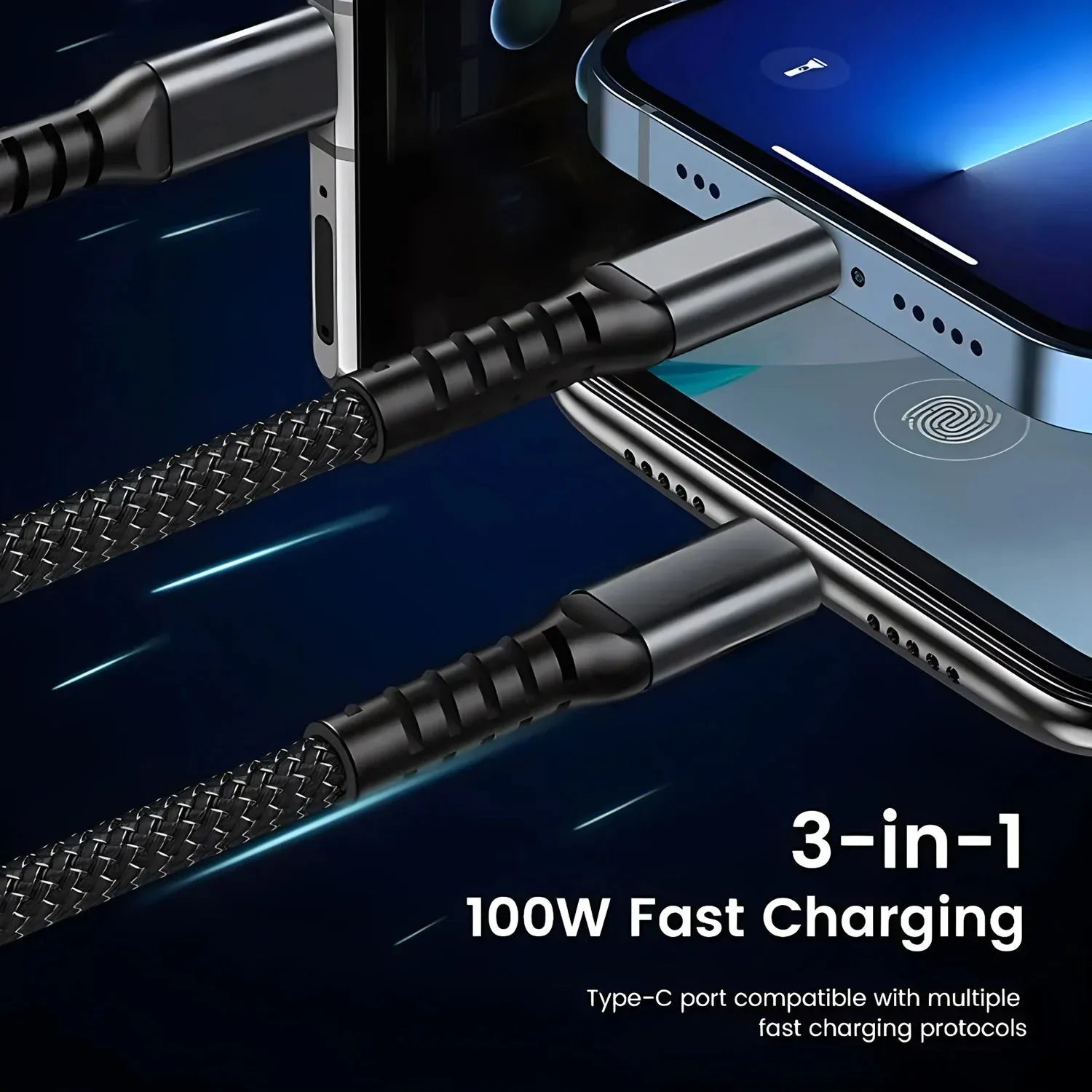 Transparent Luminous 3-In-1 Super Fast Charging Cable Universal USB-C, Micro USB & Iphone IOS, Android, Tablets, Handhelds