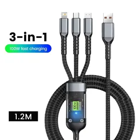 Transparent Luminous 3-In-1 Super Fast Charging Cable Universal USB-C, Micro USB & Iphone IOS, Android, Tablets, Handhelds