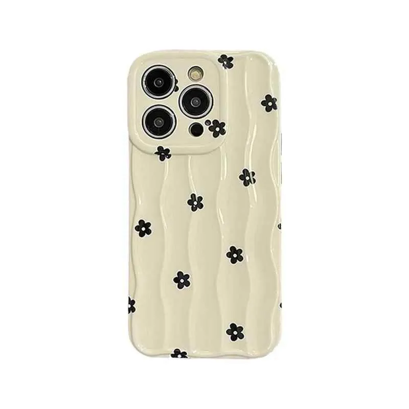 TSP49 Cute Phone Cases For iPhone 13, 11, 12, 14, and 15 Pro Max - Black Flowers 3D Wavy Pattern