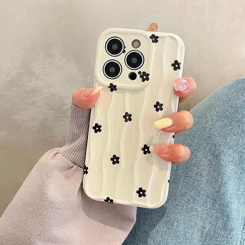 TSP49 Cute Phone Cases For iPhone 13, 11, 12, 14, and 15 Pro Max - Black Flowers 3D Wavy Pattern