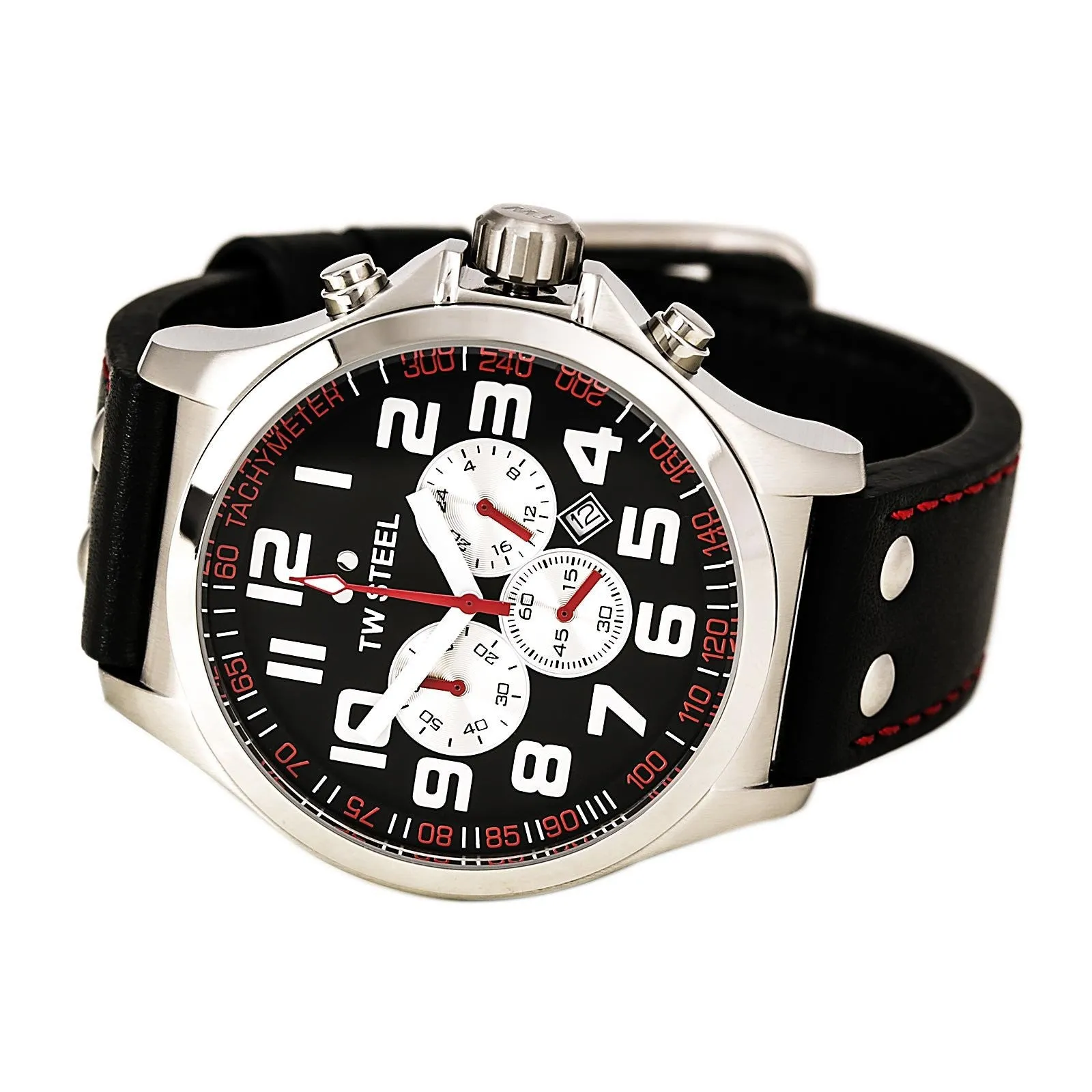 TW Steel Pilot 45mm Chronograph Black Dial Leather Black/Red Strap Watch (82807)