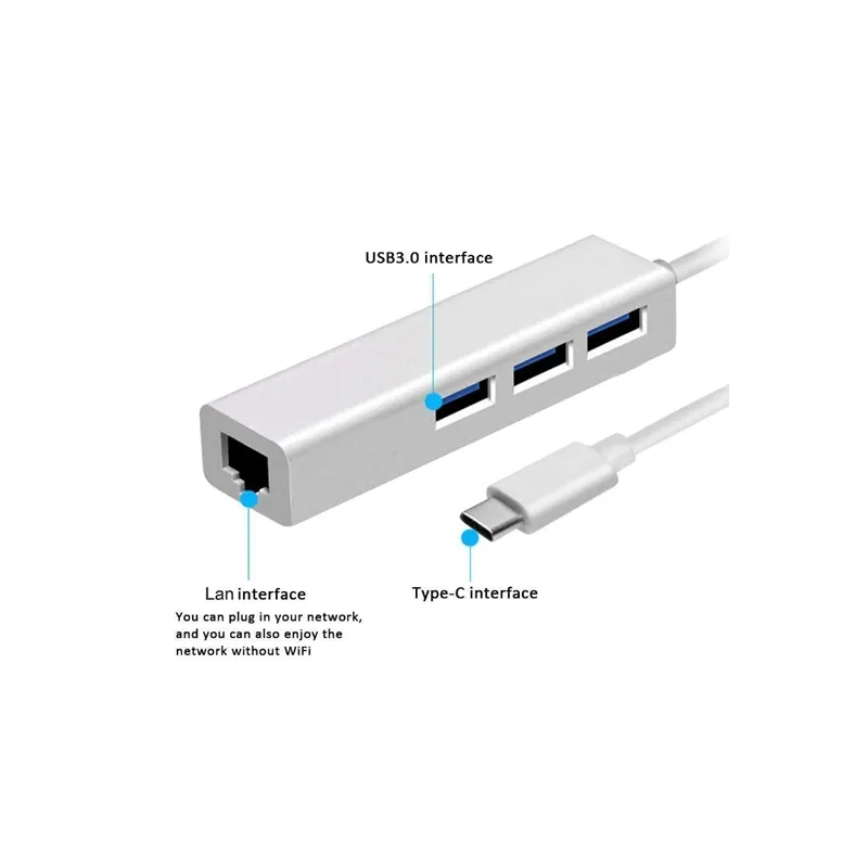 Type C 2.0 To Rj45 Fast Connectivity Ethernet Network Adapter With 3 Portstypec-Rj45