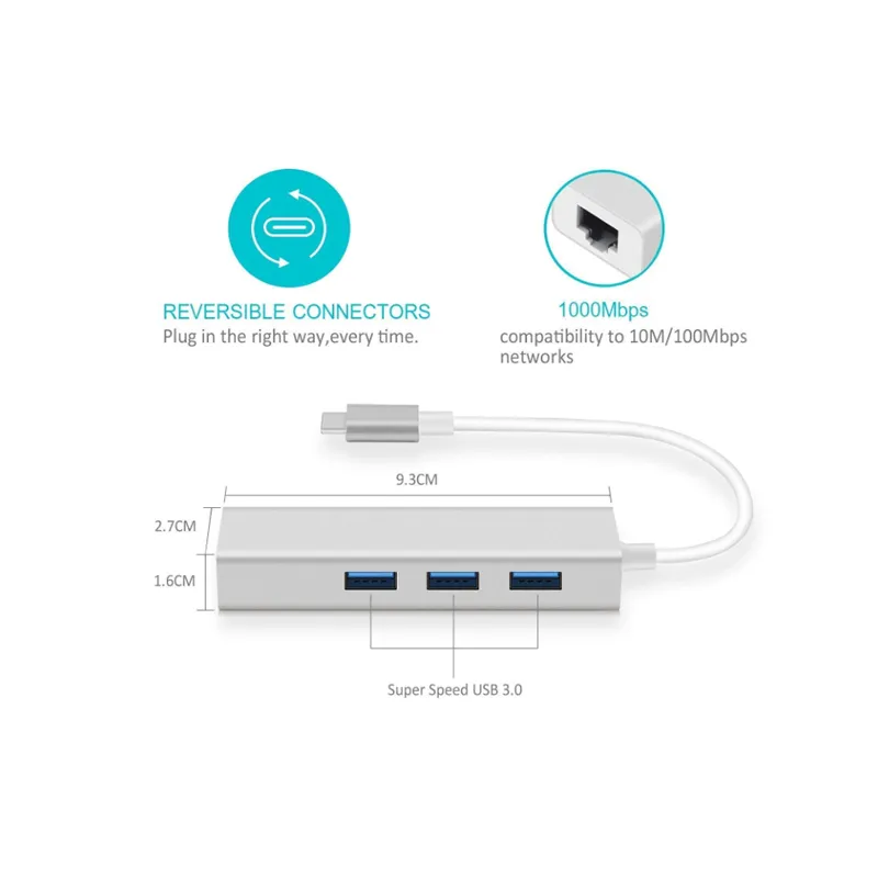 Type C 2.0 To Rj45 Fast Connectivity Ethernet Network Adapter With 3 Portstypec-Rj45