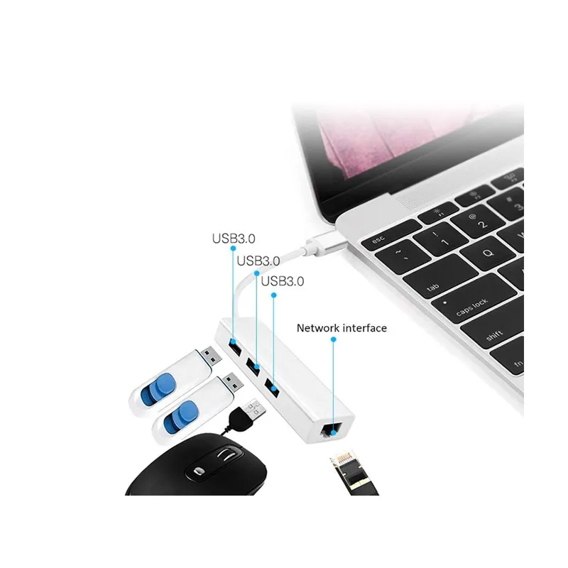 Type C 2.0 To Rj45 Fast Connectivity Ethernet Network Adapter With 3 Portstypec-Rj45