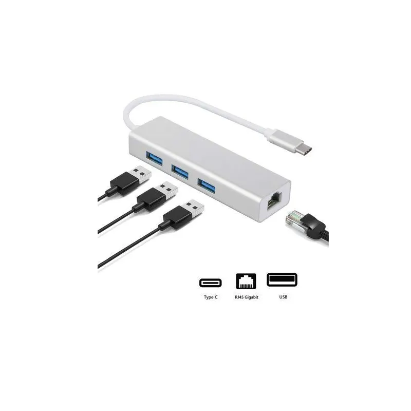 Type C 2.0 To Rj45 Fast Connectivity Ethernet Network Adapter With 3 Portstypec-Rj45