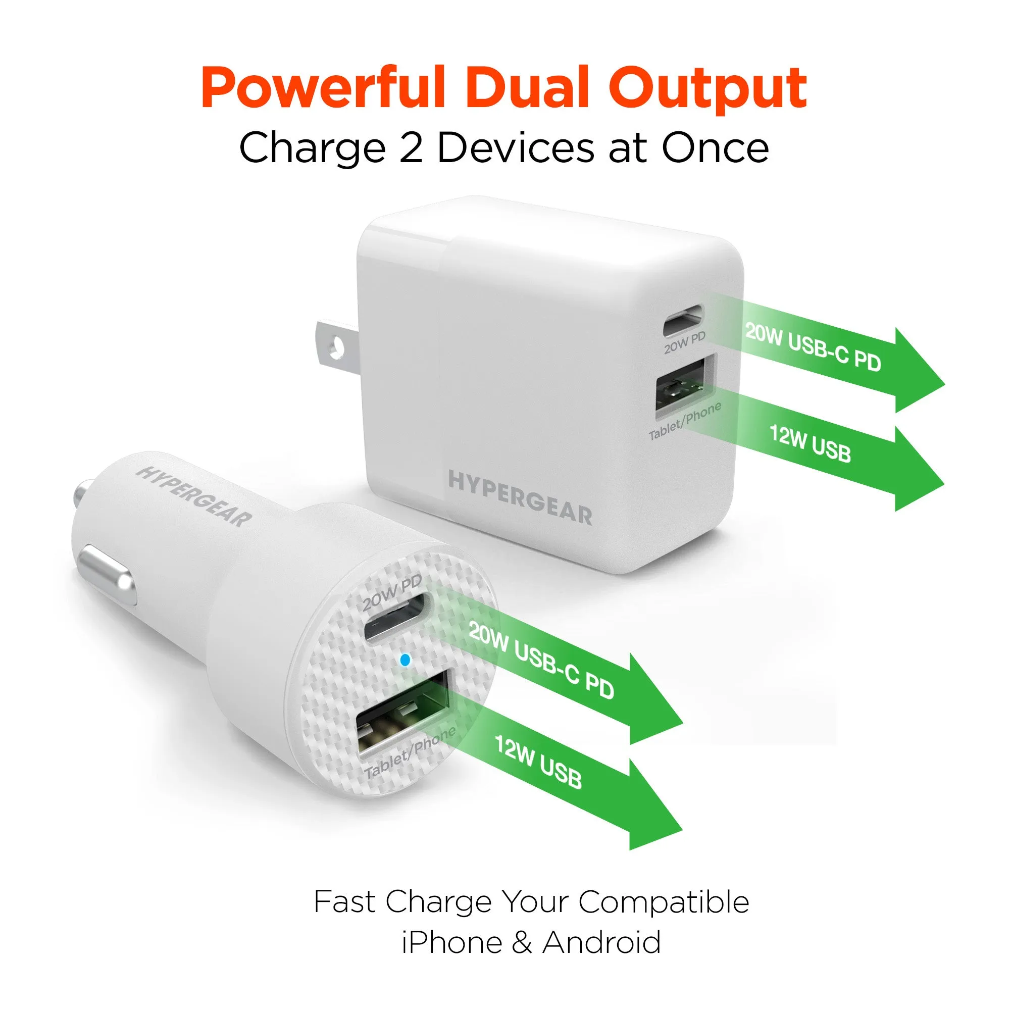 USB-C Power Delivery Bundle | 20W USB-C PD   12W USB Fast Wall Charger and Fast Car Charger | White