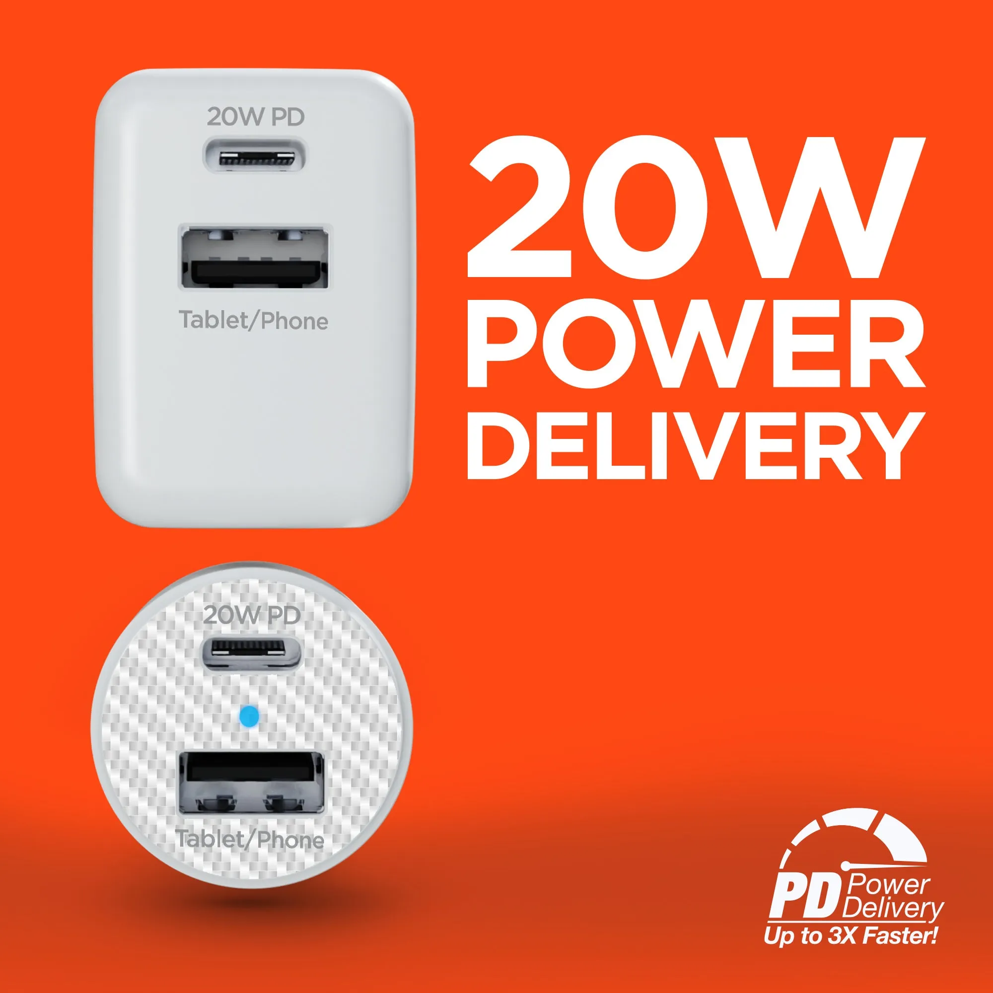 USB-C Power Delivery Bundle | 20W USB-C PD   12W USB Fast Wall Charger and Fast Car Charger | White